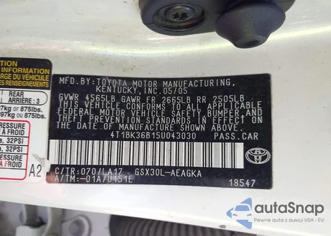 2005 Toyota Avalon Xls z USA, uszkodzony, nr VIN 4T1BK36B15U043030